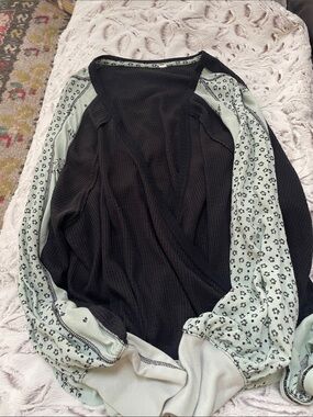 Free People Black Top with Light Mint Floral Sleeves